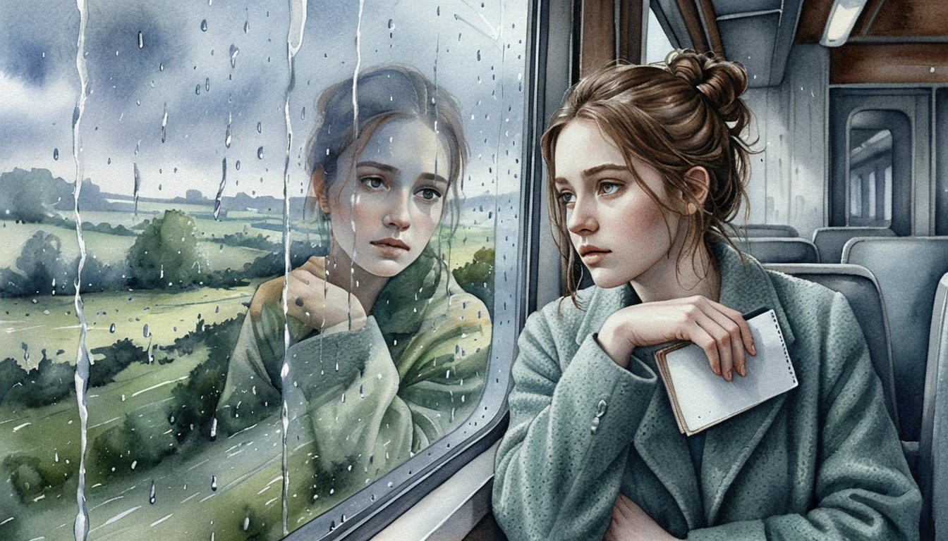 Melancholic girl on a train in a realistic watercolor