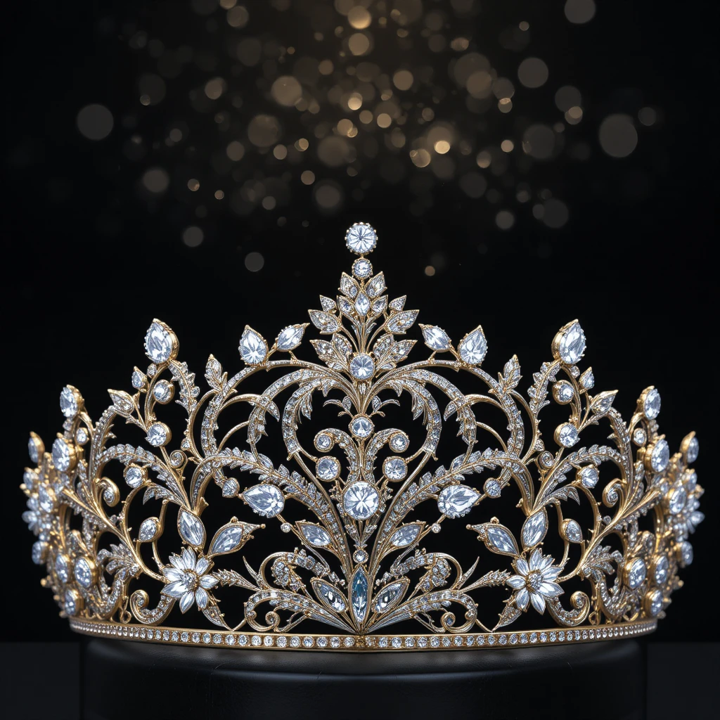 Tiara elegante de diamantes em fundo preto com foco de luz