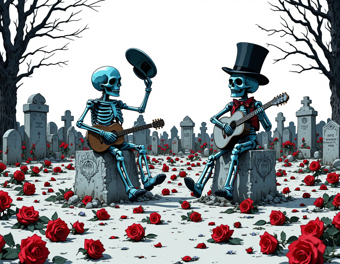 Dos esqueletos tocando guitarras en un cementerio blanco y luminoso