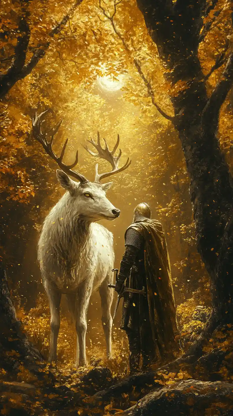 Cavaliere e cervo bianco in una foresta dorata all'alba