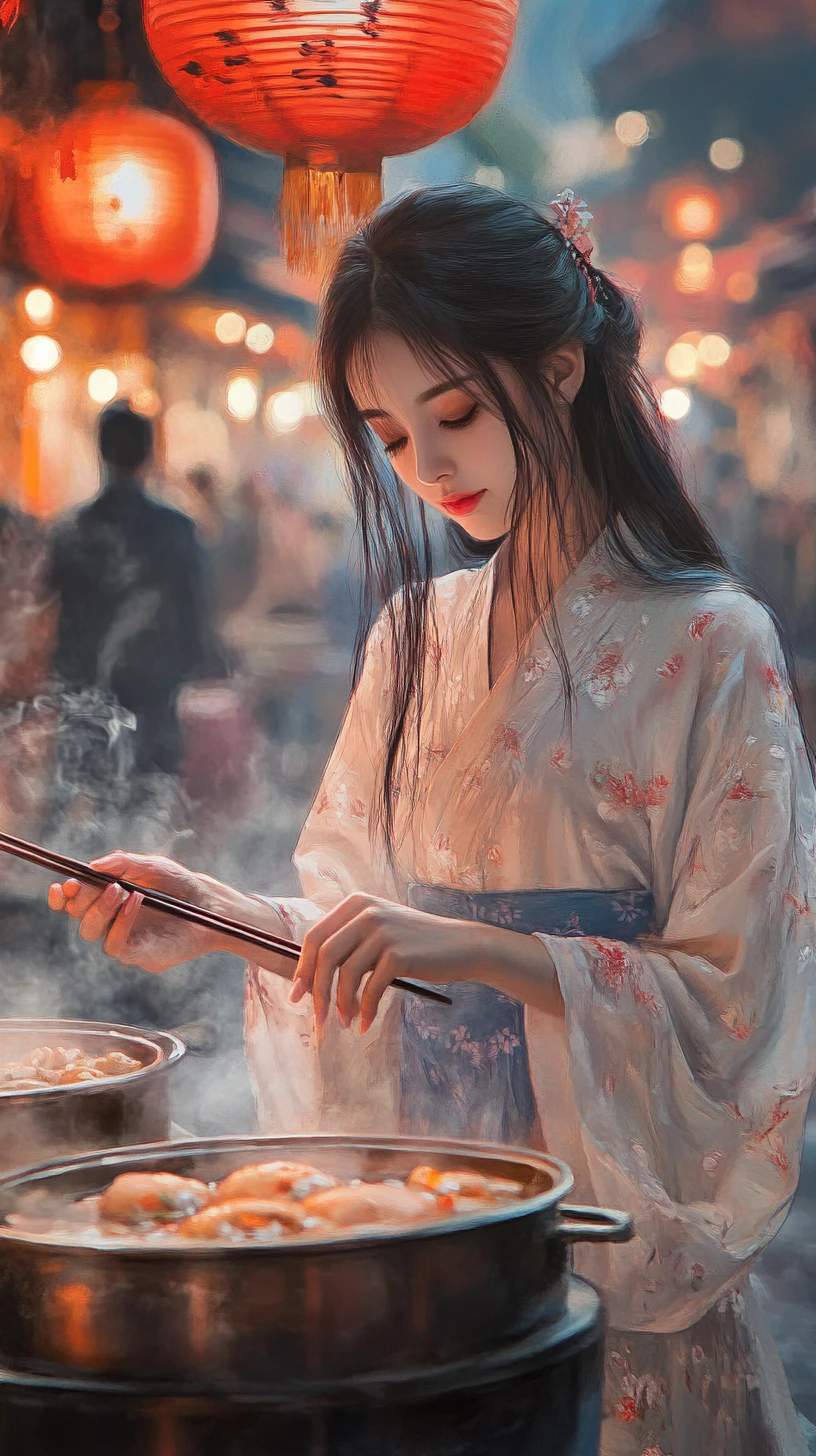 提灯に照らされた市場で屋台料理を作る若い女性