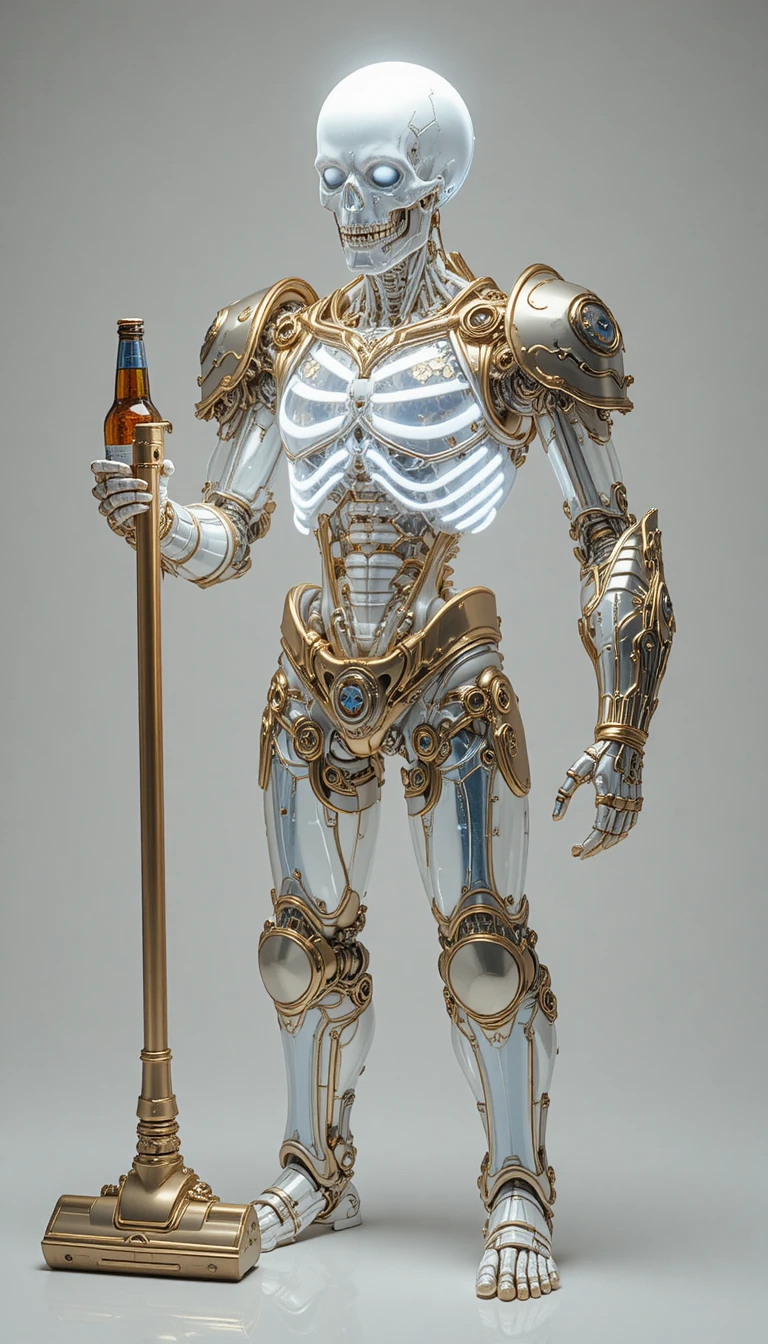 Figura esquelética brillante con aspiradora y botella de cerveza