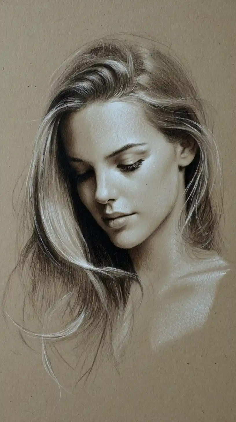 Hyperrealistic drawing of serene young woman in profile