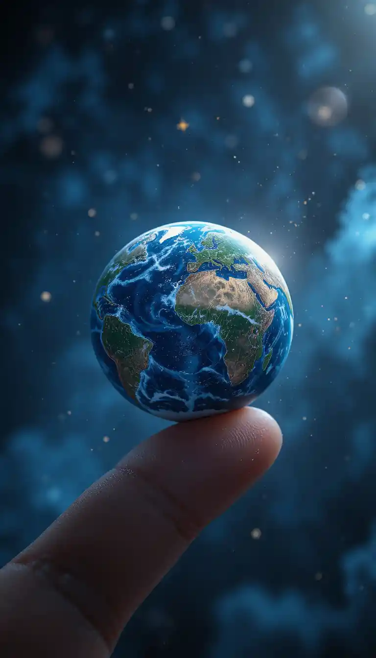 Tiny realistic planet balanced on a human fingertip