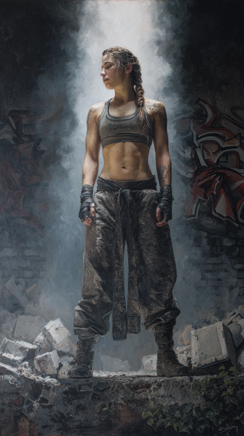 Indigenous warrior woman in a ruined urban landscape