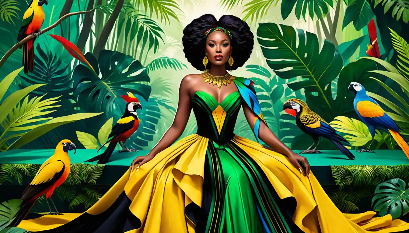 Elegant woman in kente gown amid tropical jungle animals