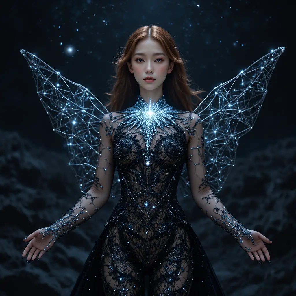 身穿暗色星辰蕾絲長裙的寧靜宇宙女子