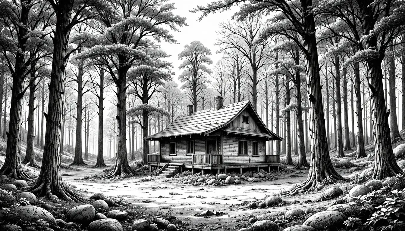 Forest hut surrounded by trees in simple engraving style