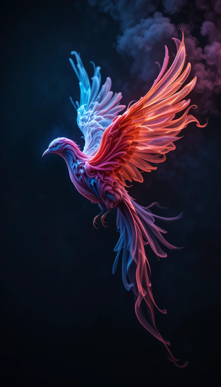 Ave de humo colorido volando sobre un fondo abstracto oscuro