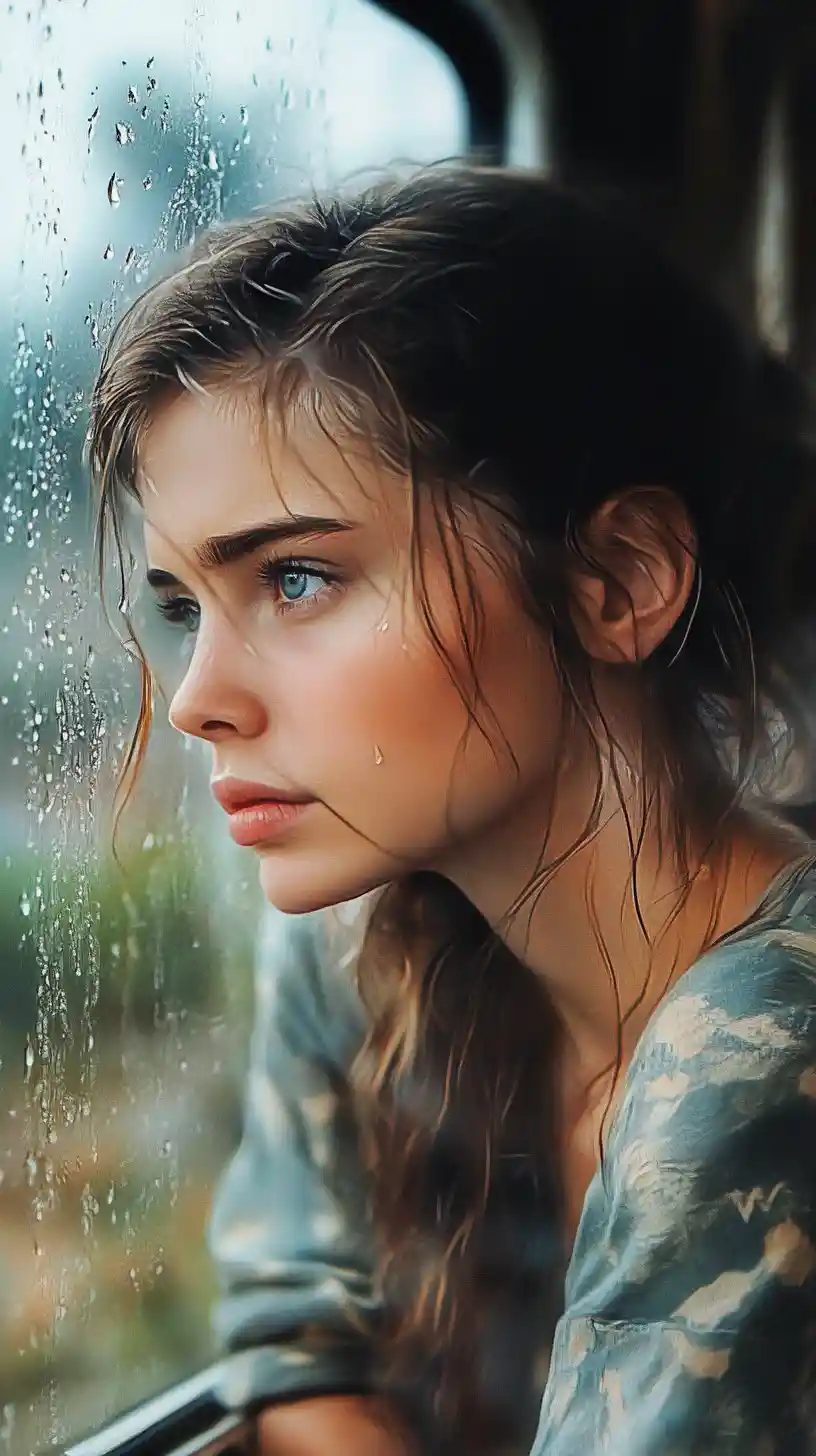 Pensive young woman on a rainy train in watercolor