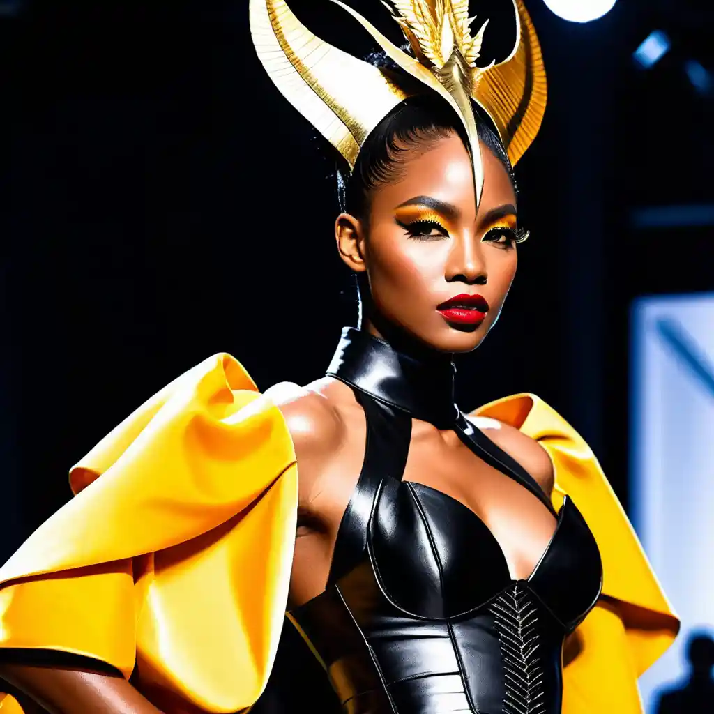 Black fashion model in avant garde couture on runway