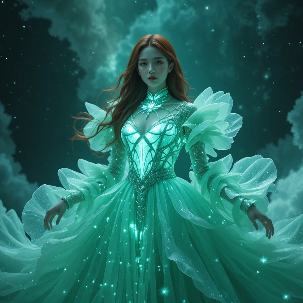 Donna celestiale con abito floreale di nebulosa color menta luminosa