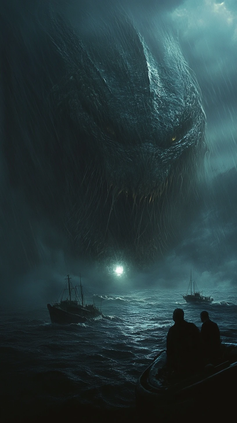 Midnight ocean with glowing eyed leviathan beneath boats