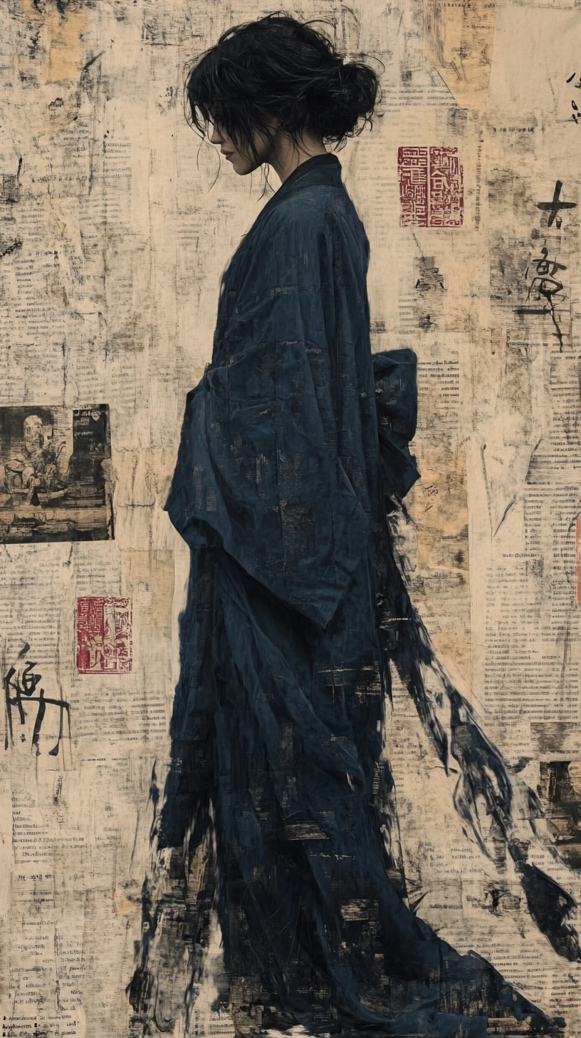 Profile portrait in blue robe on vintage collage background