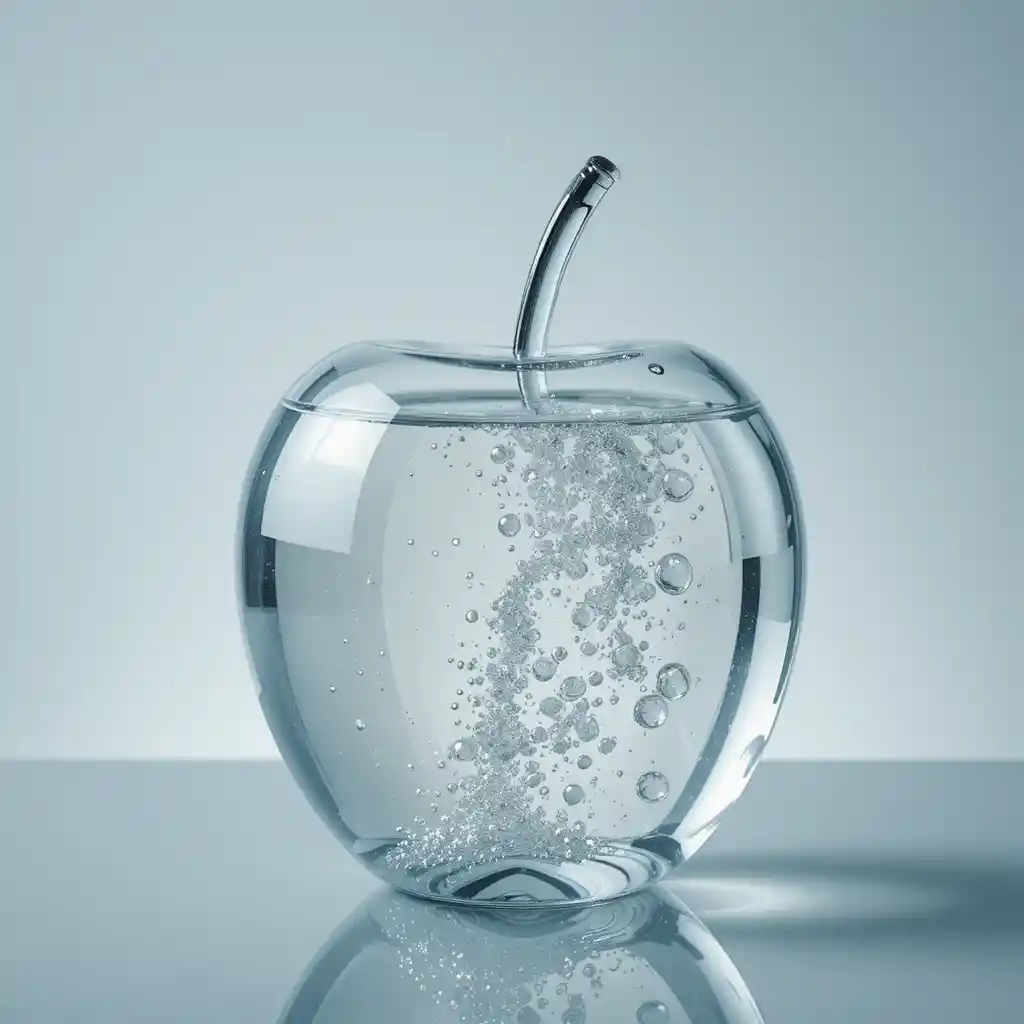 Glass apple filled with clear water on reflective surface