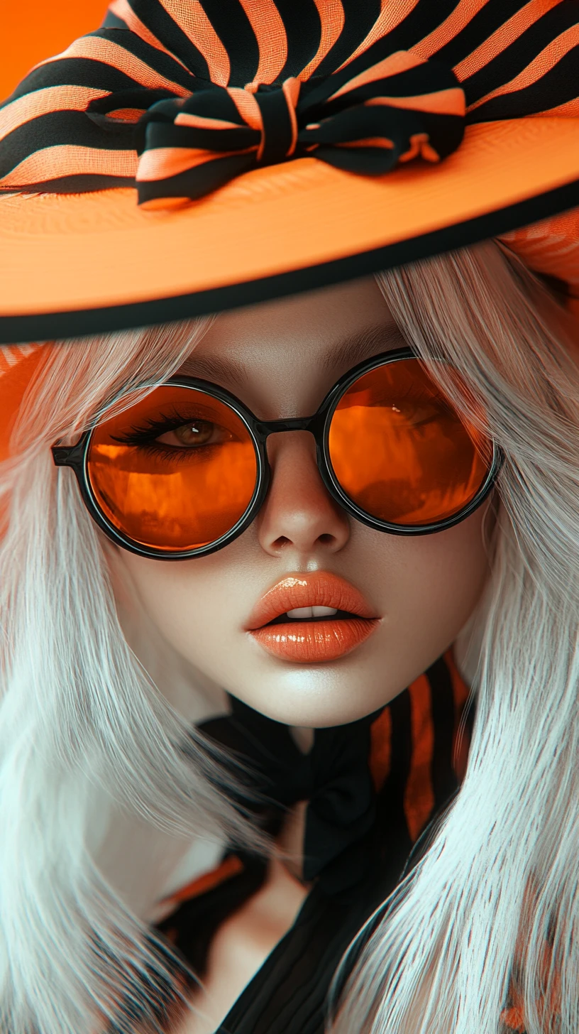 Stilisierte Frau mit Hut und markanter orangefarbener Sonnenbrille