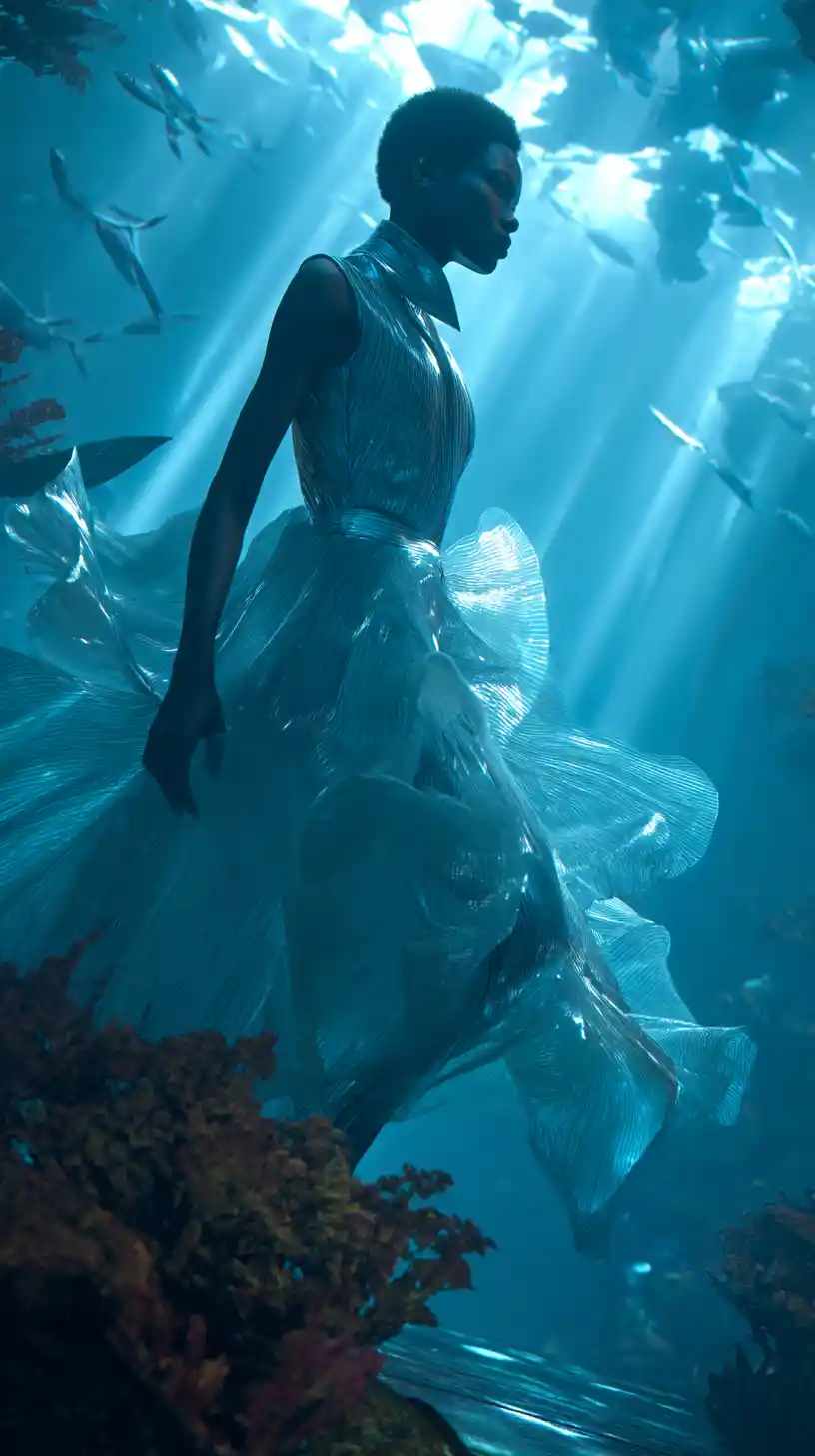 Mulher de moda afrofuturista caminhando em passarela surreal no fundo do oceano