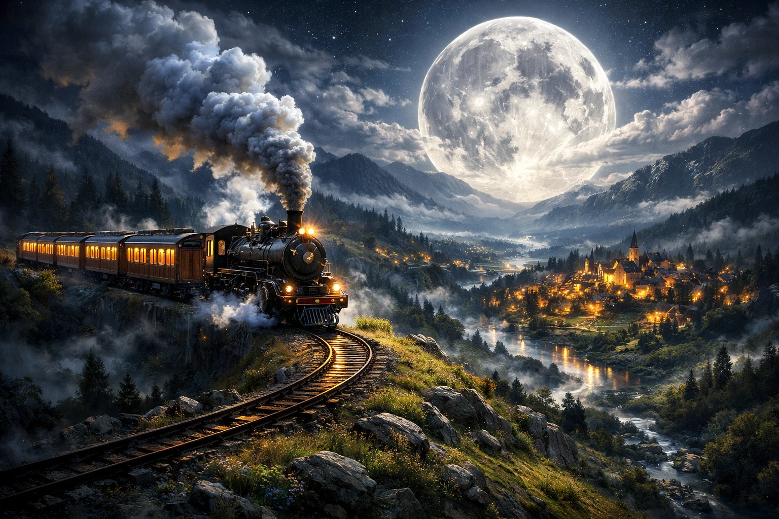 Steam train crossing a moonlit valley with distant village lights