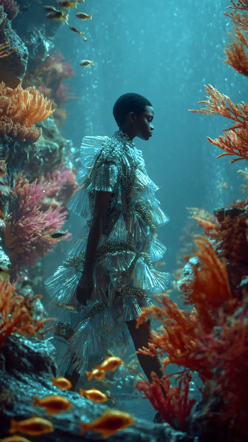 Underwater fashion woman walking along the glowing ocean floor