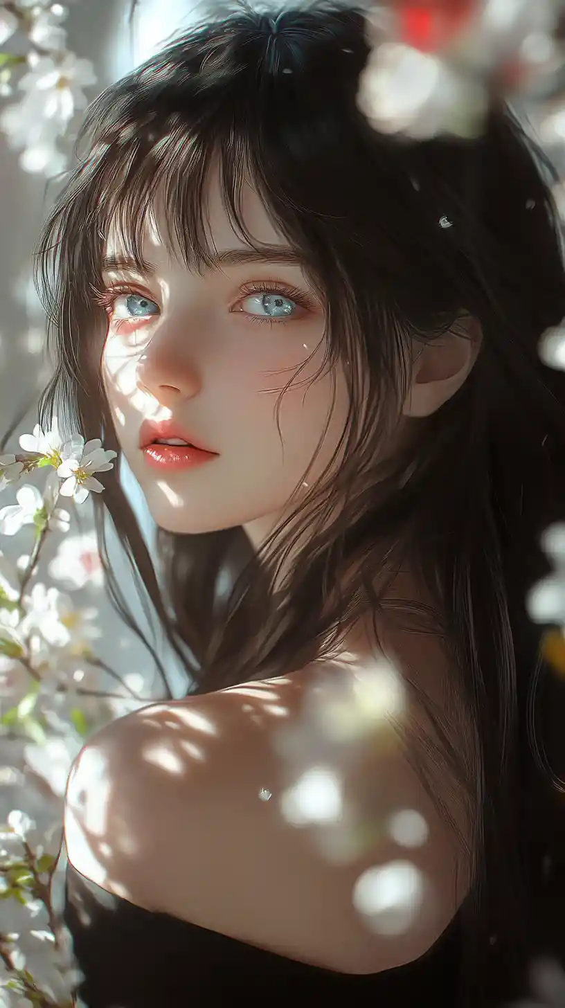Anime girl portrait with flowers and shimmering light