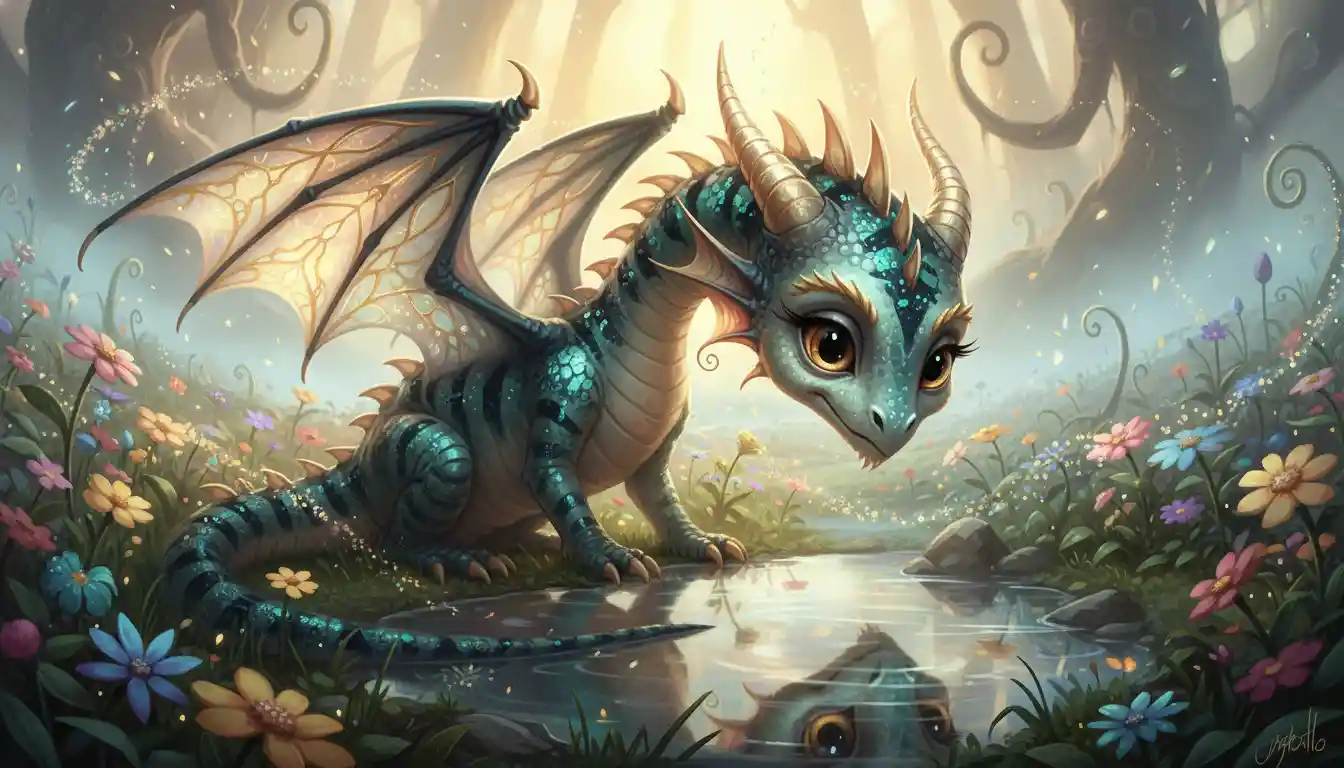 Adorable dragón bebé mirando una charca mágica y reflectante