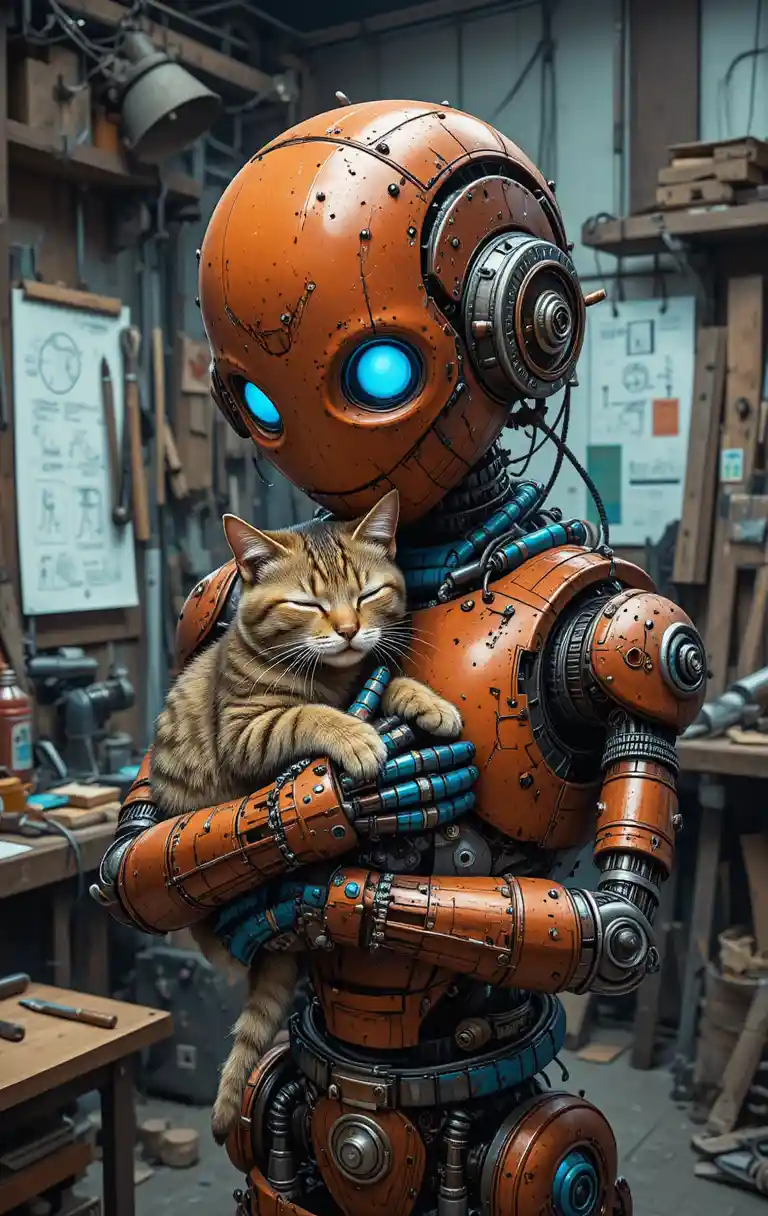 Weathered robot holding glowing tabby cat in workshop