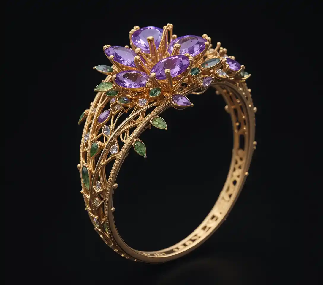 Side view gold bracelet with amethyst and peridot flowers