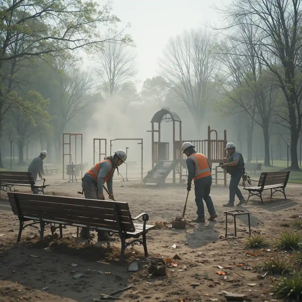 Trabajadores retirando bancos viejos en una obra de parque urbano