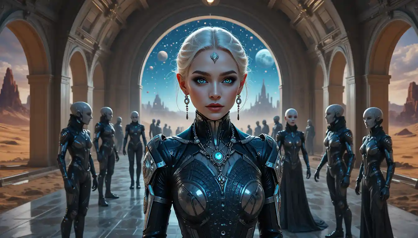 Gothic sci fi queen walking in a starry desert night