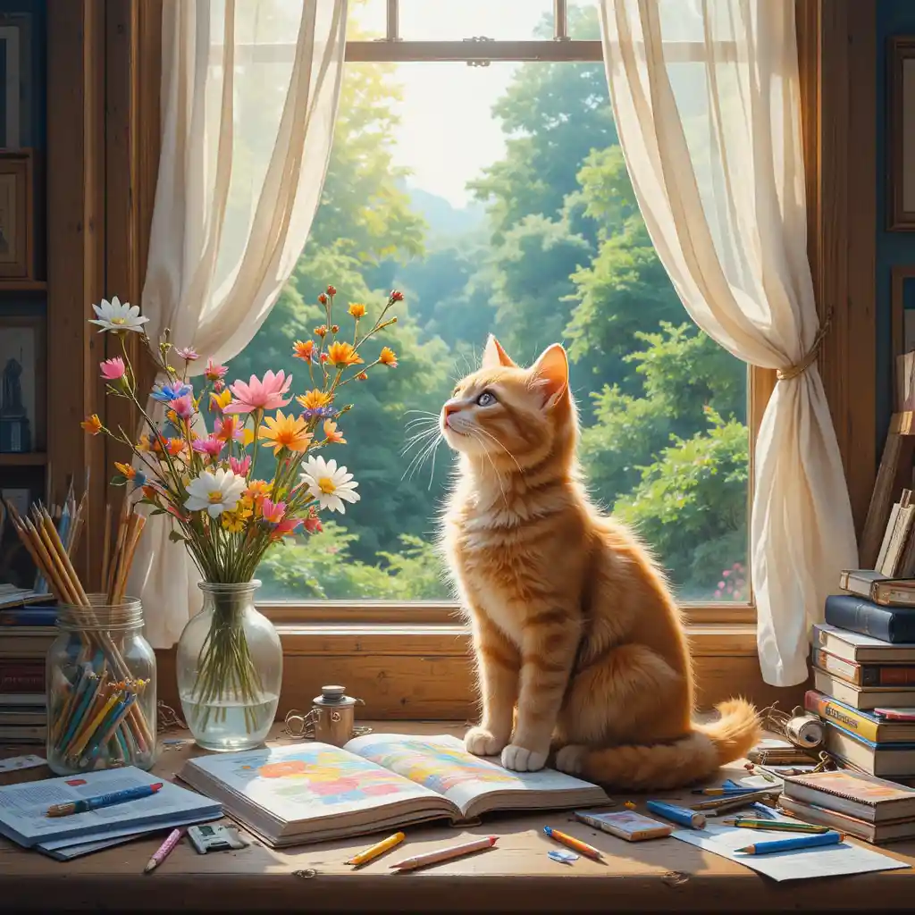 Gatito naranja sobre un escritorio acogedor junto a flores y una ventana