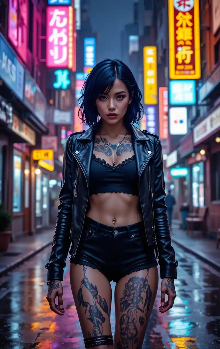 Tattooed woman walking through neon city street at night