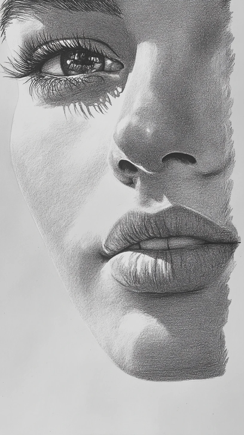 Graphite close up of a woman eye nose and lips