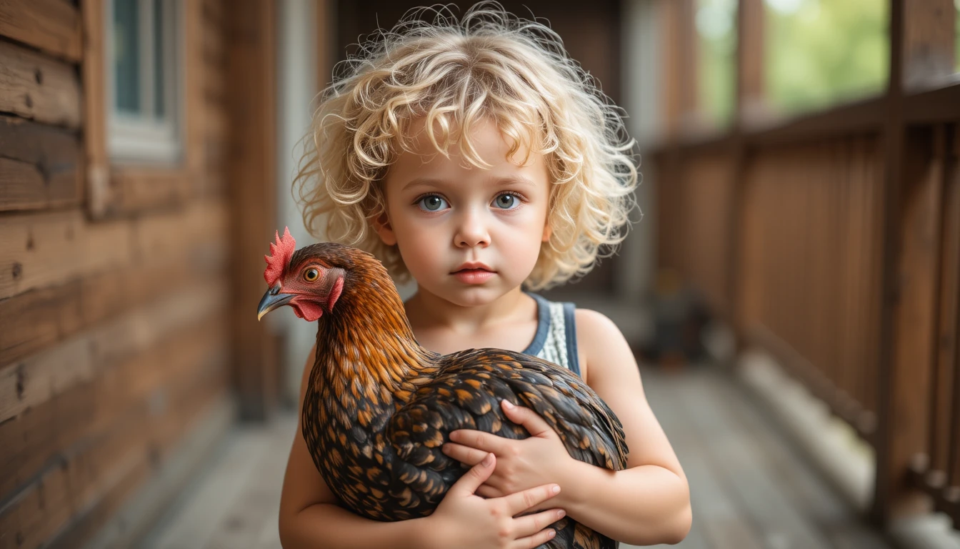 Kleines Kind hält ein Huhn auf einer hölzernen Veranda