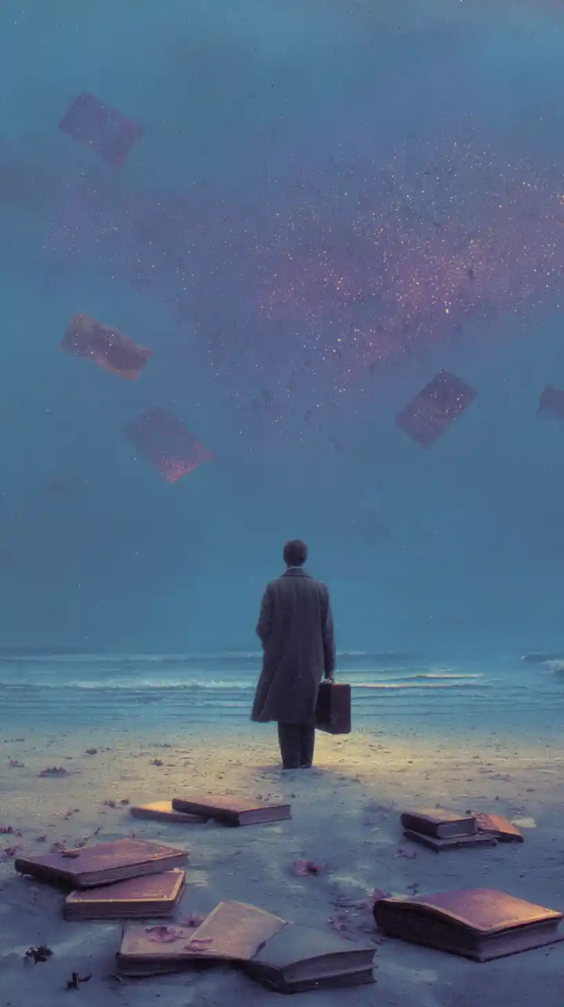 Figura solitaria en una costa crepuscular sosteniendo un carrete de cine brillante