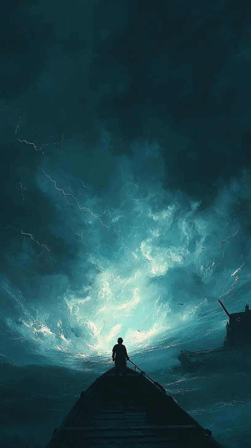 Sailor Faces Stormy Ocean Rift Revealing Glowing Abyss