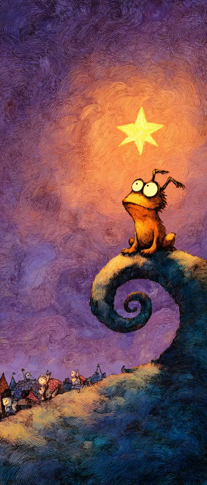Lonely creature holding a glowing star above sleeping town