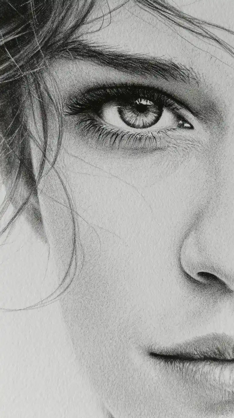 Graphite close up of a woman eye nose and lips
