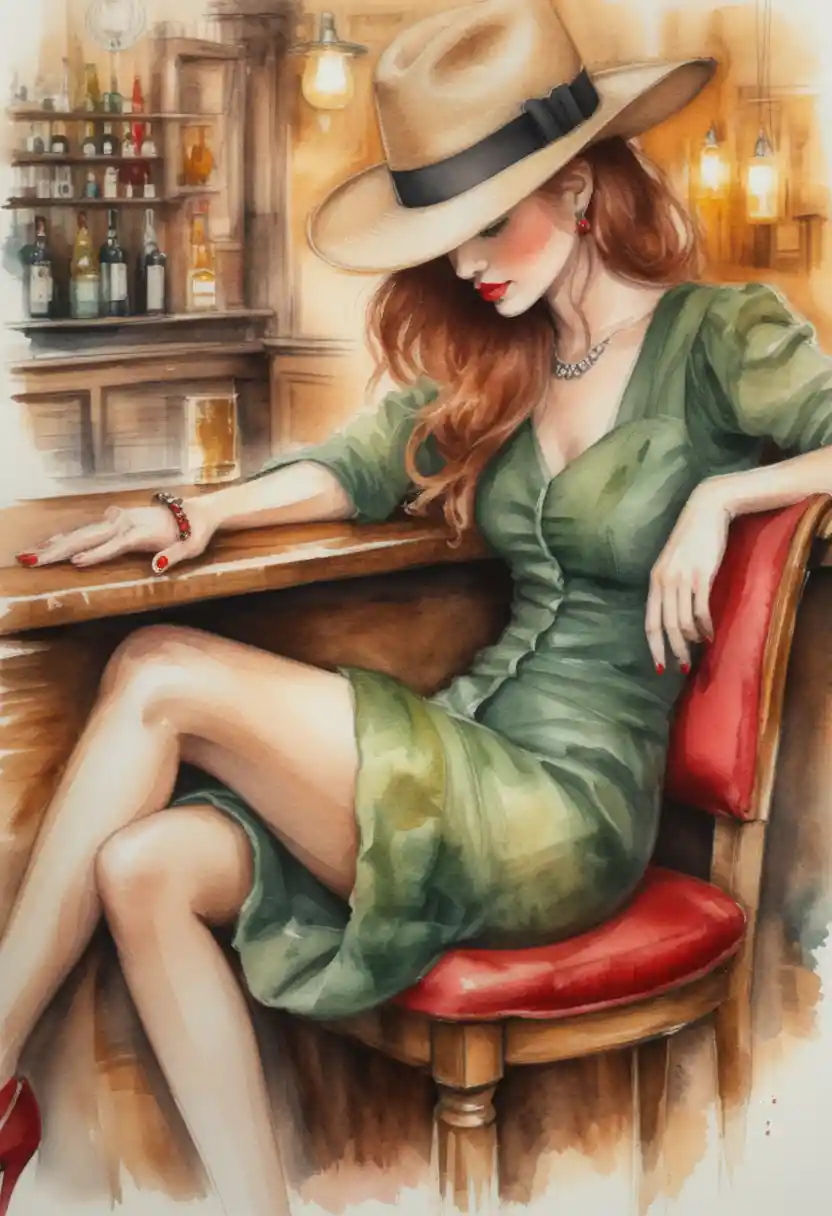 Young woman in red hat sitting thoughtfully at vintage bar
