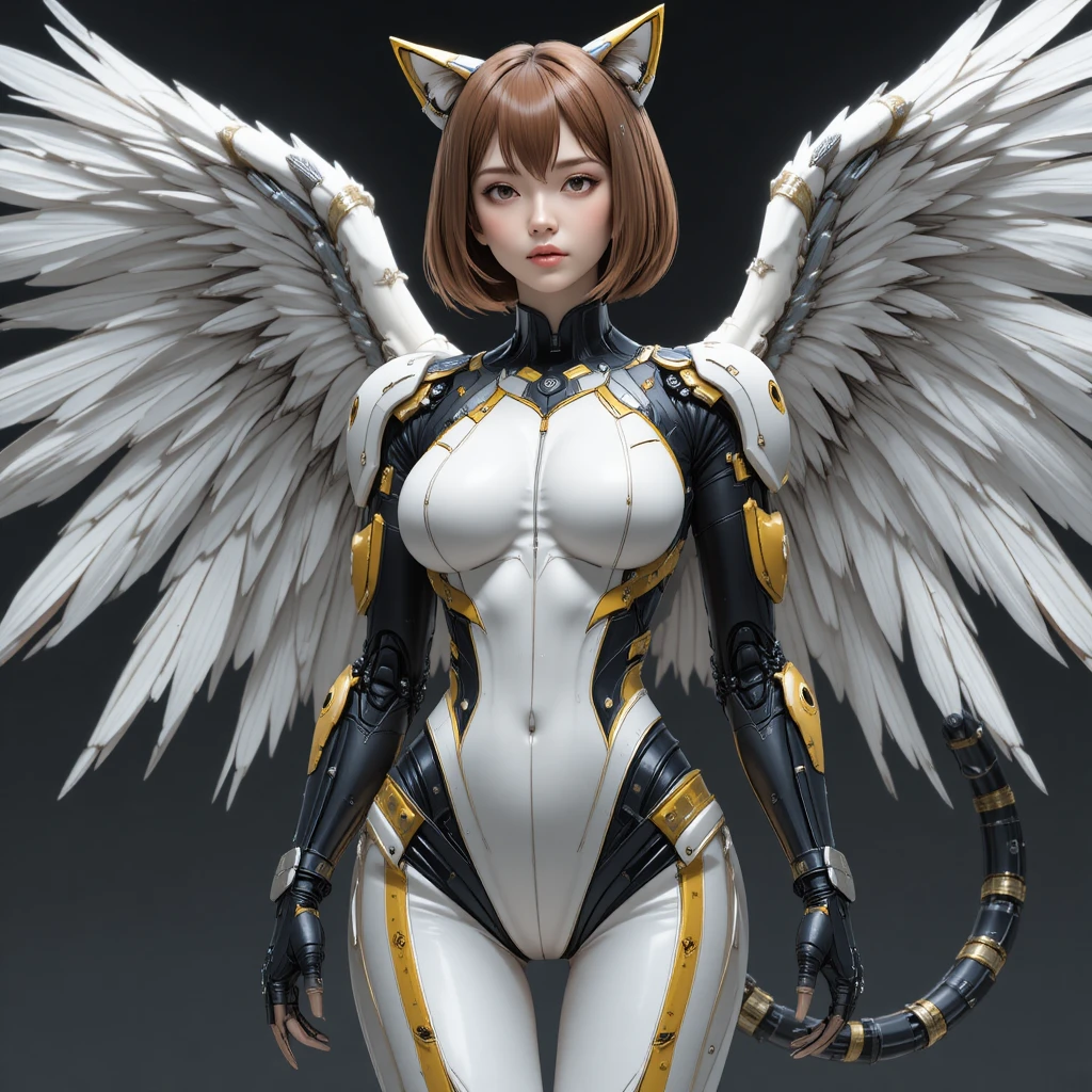 Armored anime woman with angel wings and mechanical cat ears