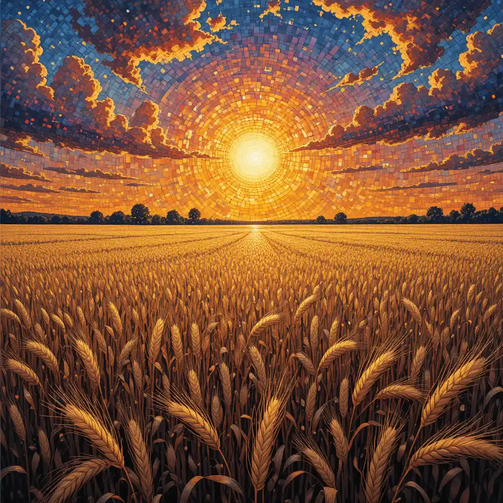 Sunlit wheat field under a burning sky in pointillist style