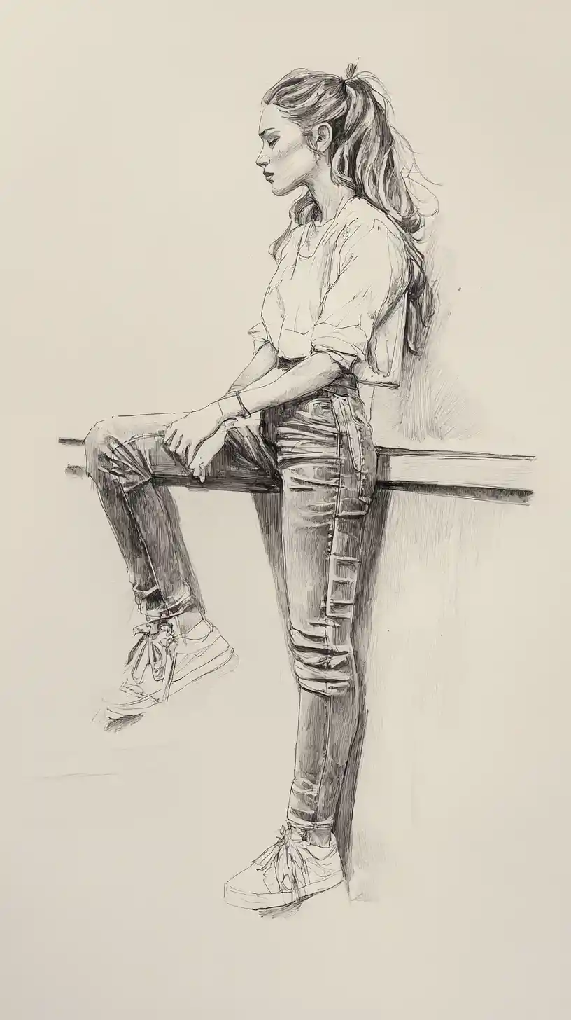 Watercolor of a young woman leaning on a high wooden table