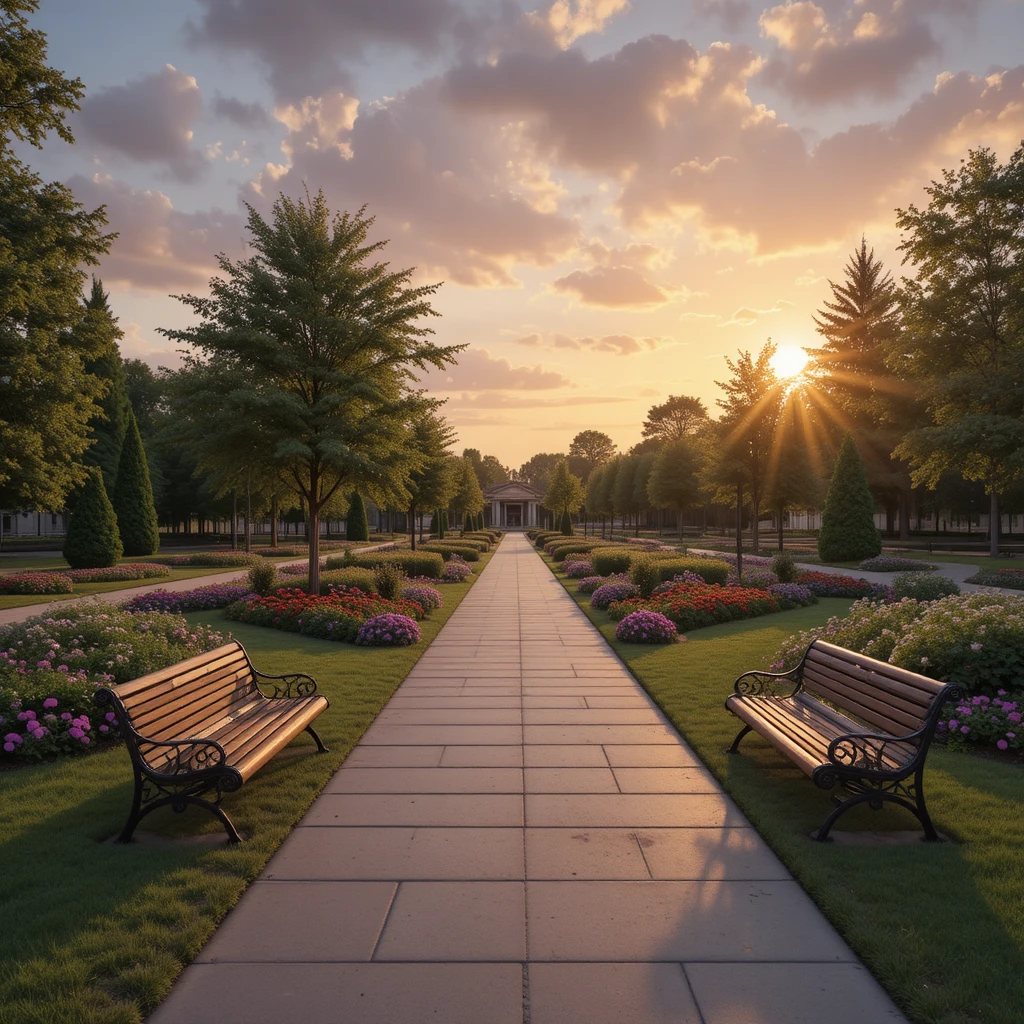 Peaceful urban park with benches in warm sunset light