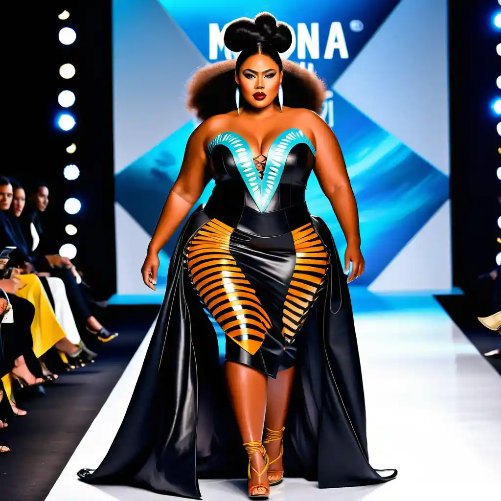 Afrofuturistic couture runway look on a curvy black model