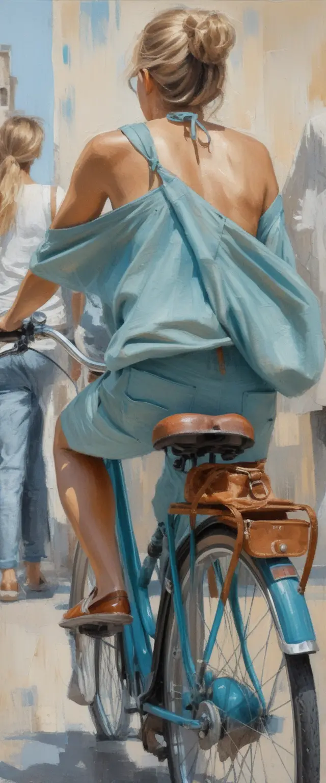 Blonde woman cycling through a bright urban street scene