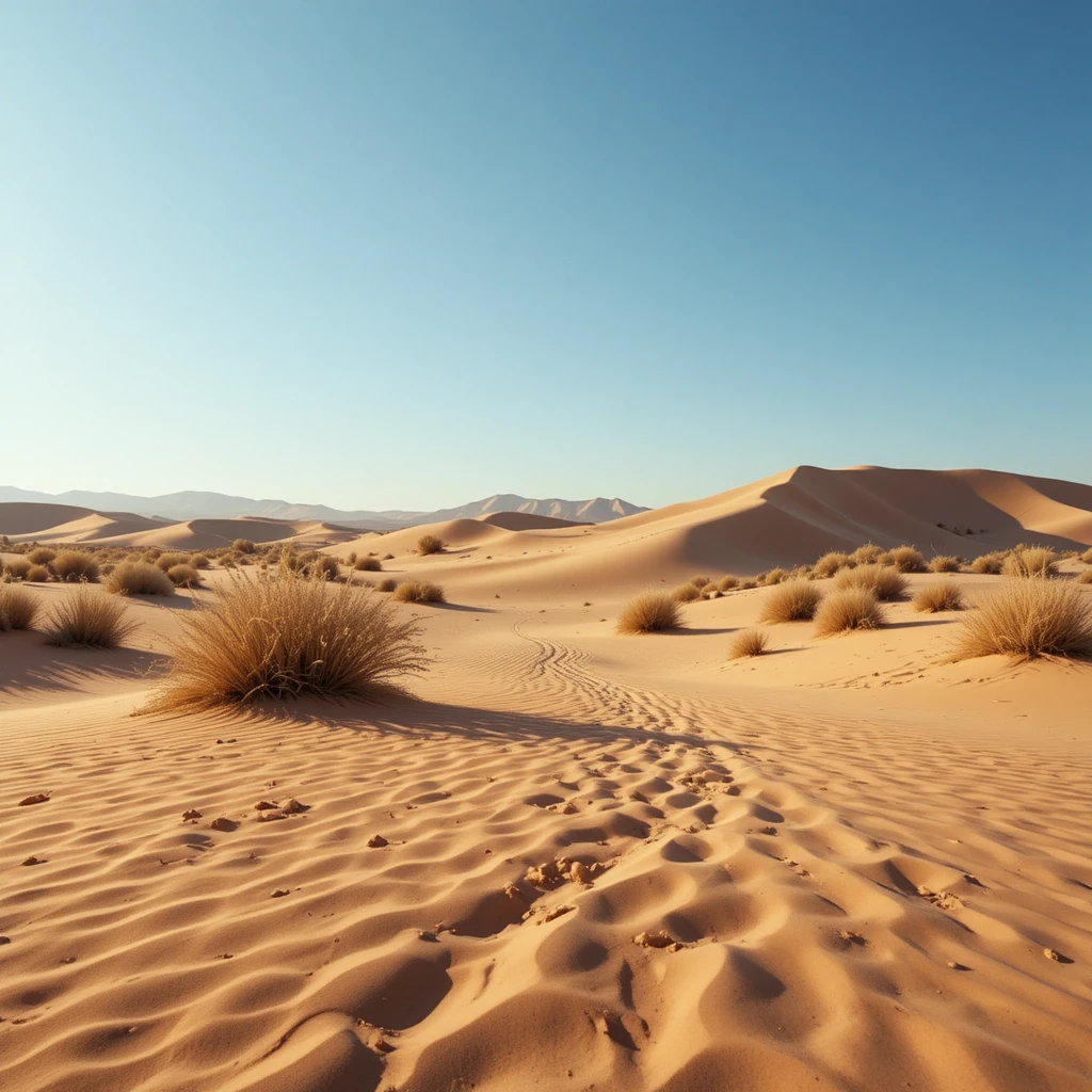 Sunlit desert dunes with dry bushes under clear blue sky
