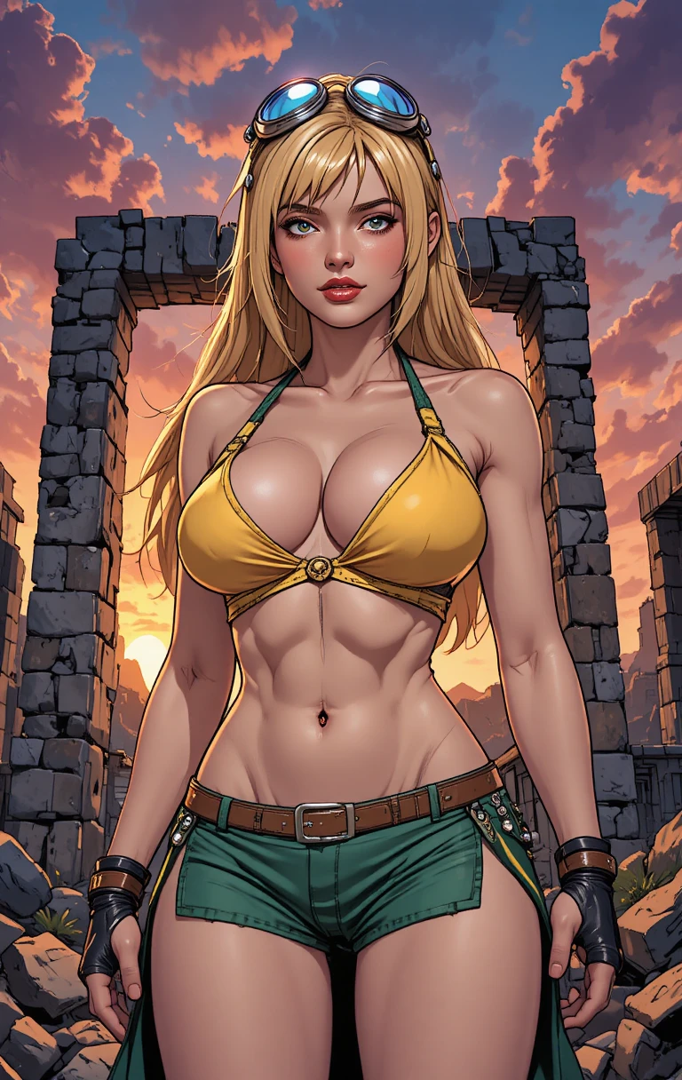 Blonde warrior woman at sunset among ancient stone ruins