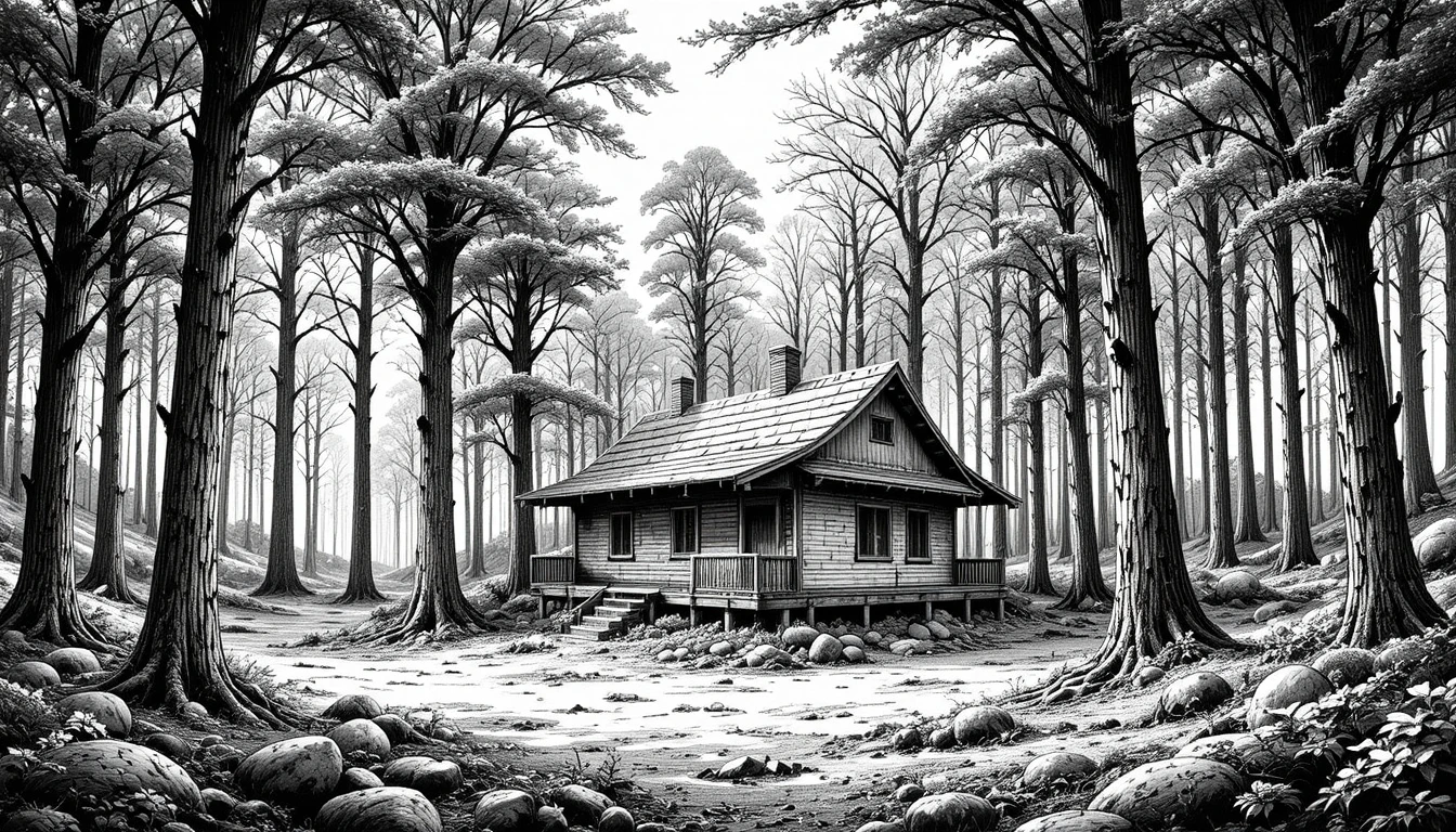 Forest hut surrounded by trees in simple engraving style