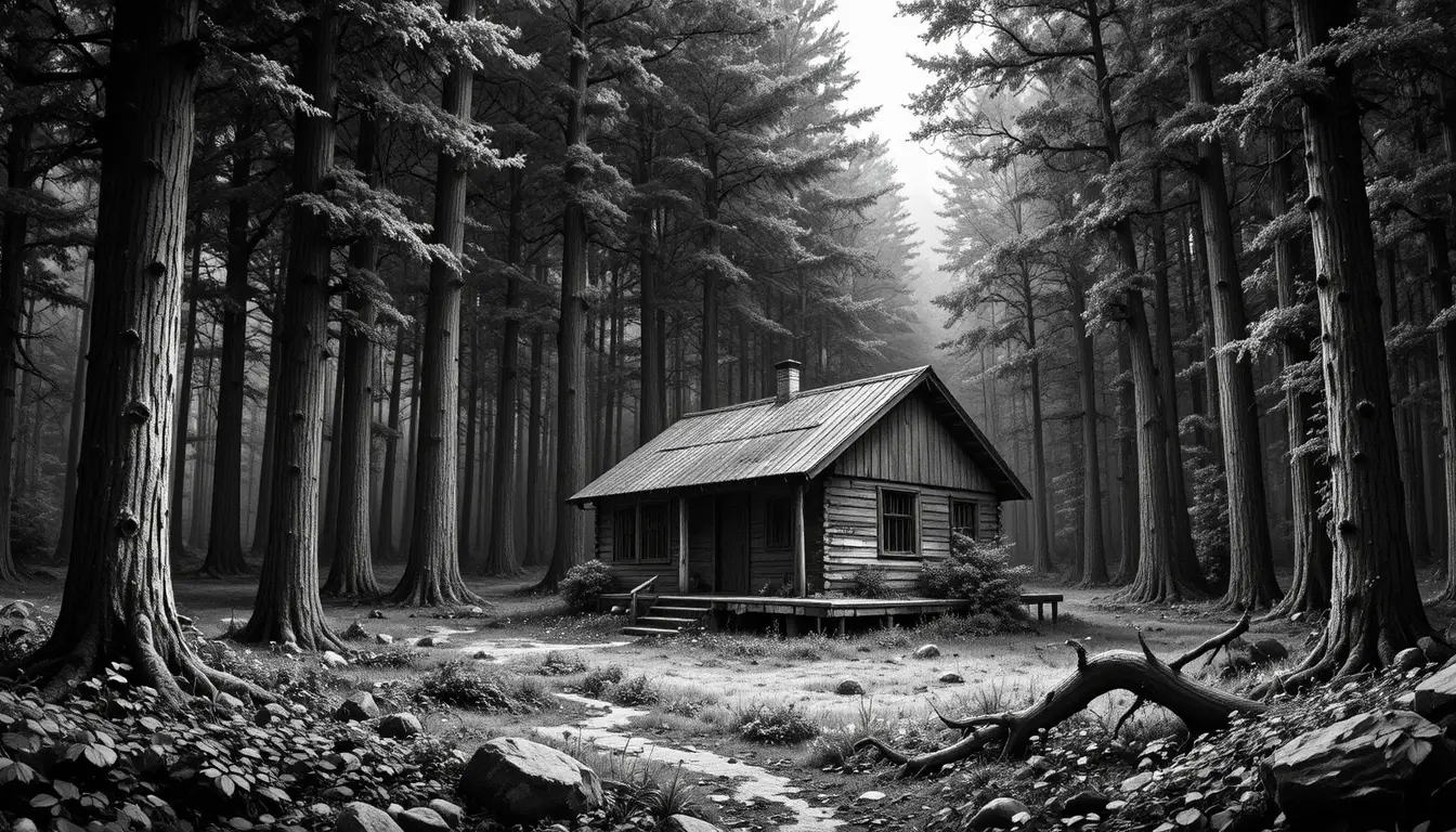 Rustic forest hut in detailed black and white engraving