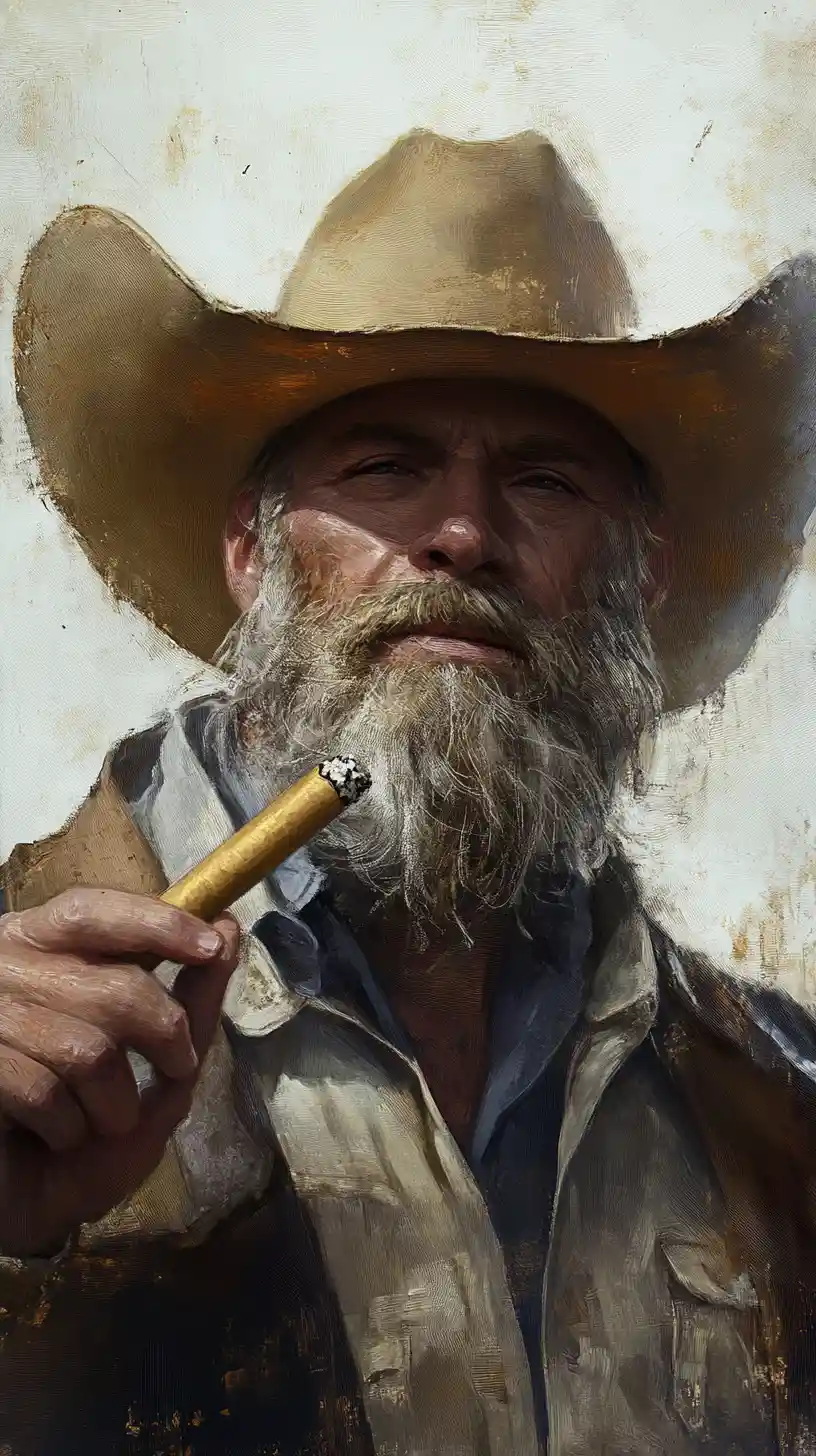 Vaquero barbudo fumando un puro en retrato dramático a contra picado