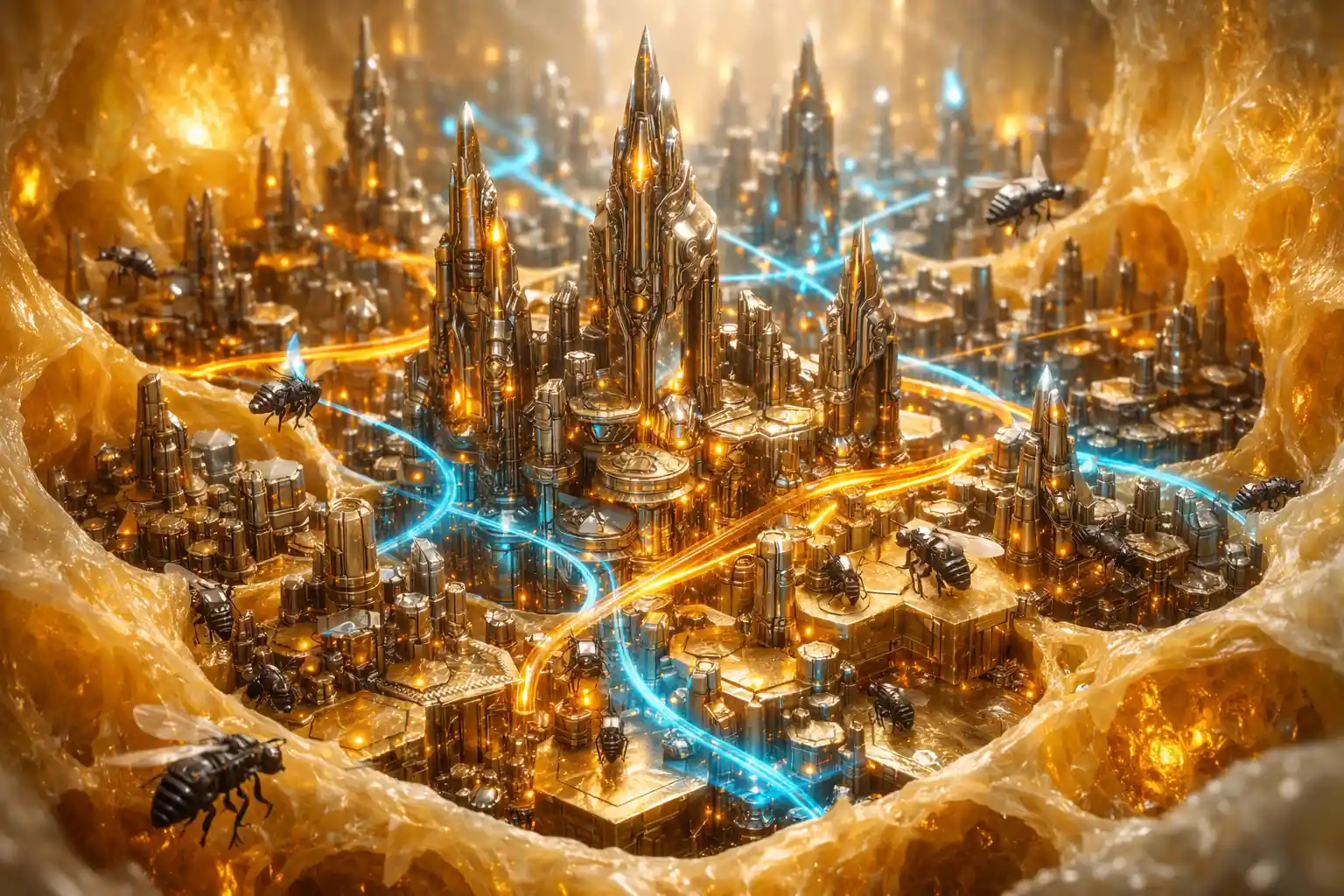 Ciudad colmena cibernética que se alza desde una única celda hexagonal